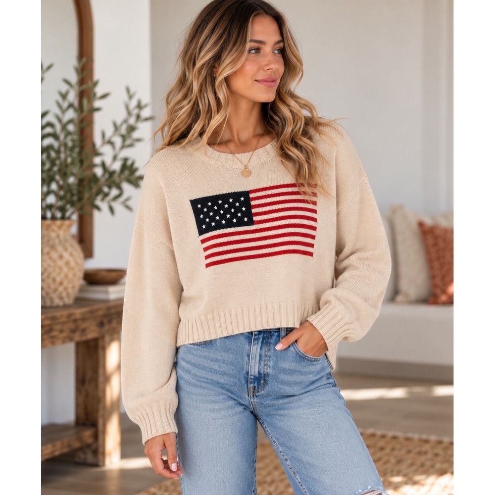 Moon & Madison American Flag Cropped Sweater Cream Beige  Womens Medium